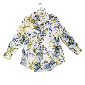 Joie Blue Floral 100% Linen Button Front Shirt Women's Plus Size 1X Roll Tab Slv
